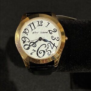 Betsey Johnson Gold Case Black Strap Watch with Whimsical Dial